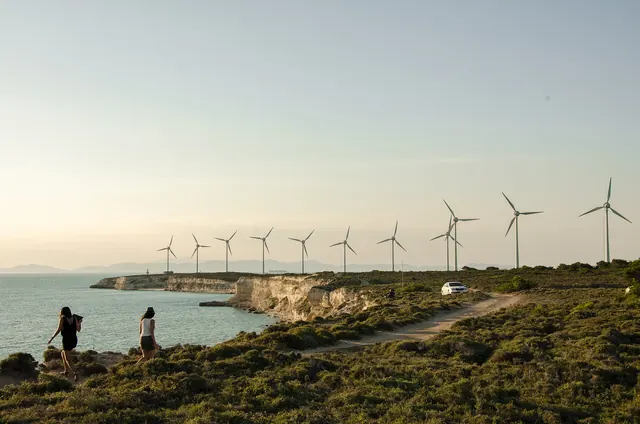 Wind turbines along a coastal cliff at dusk