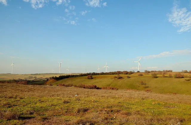 Wind turbines across rolling autumn grassland