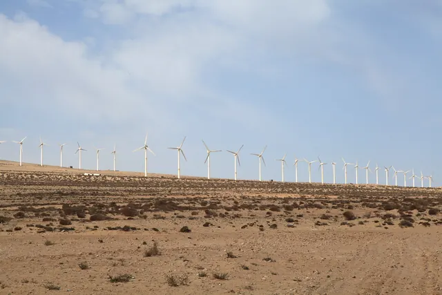A long row of wind turbines across scrub desert