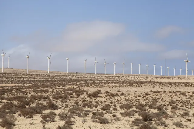 A row of turbines beyond low desert scrub under a cloudy sky
