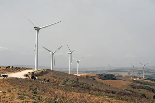 Wind turbines on a dry hillside with a track running past