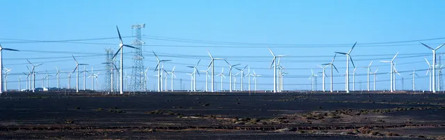 Wind turbines and power lines across a flat desert under a blue sky