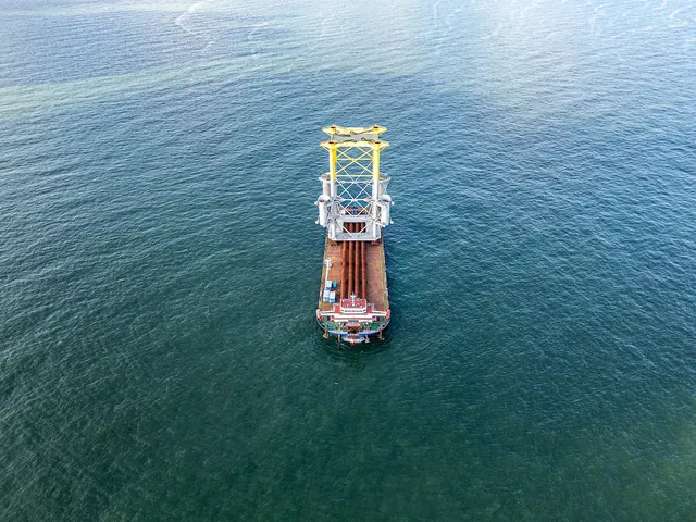 An installation vessel carrying turbine foundations, seen from above