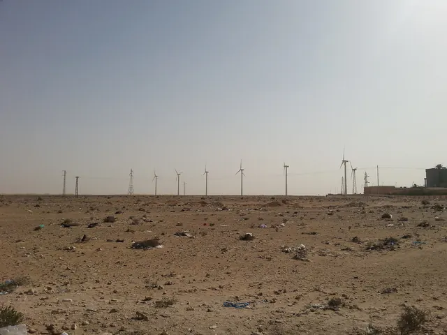 A line of distant wind turbines across stony desert