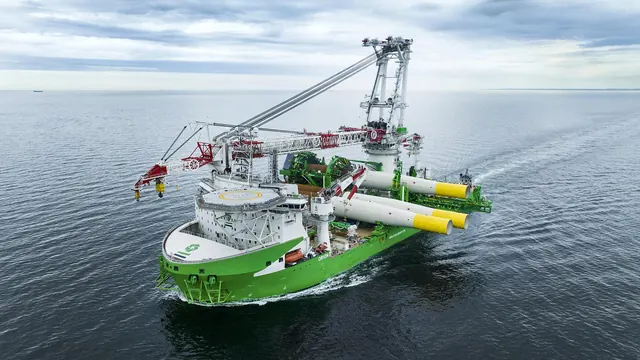 A heavy-lift installation vessel carrying monopiles