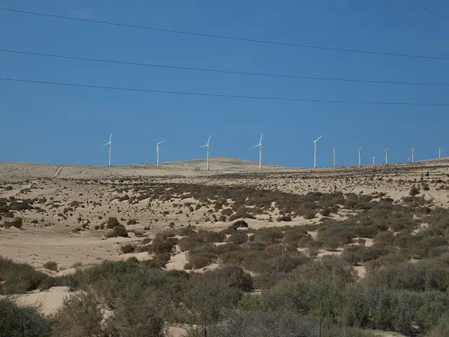 Distant wind turbines above a dry ravine