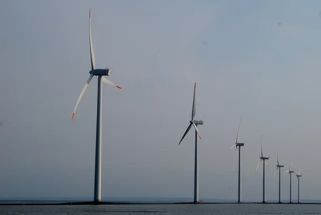 A line of wind turbines along a quiet shore