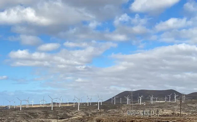 A line of turbines below a volcanic cone on an arid coast