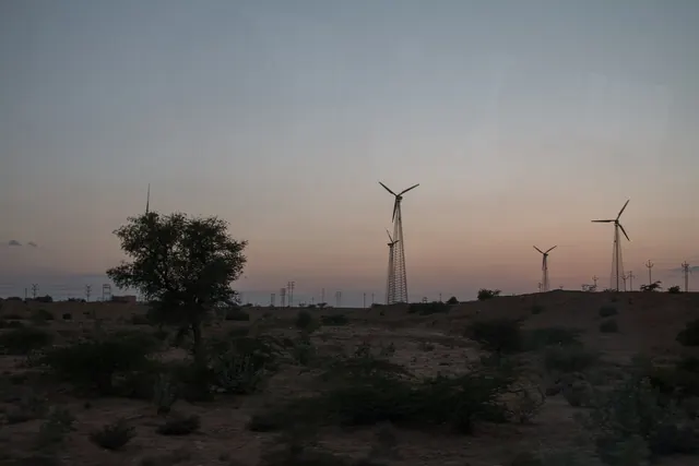 Wind turbines and a lone tree in desert scrub at dusk