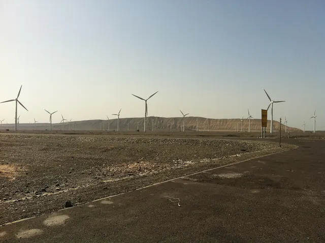 Wind turbines along a desert highway in evening light