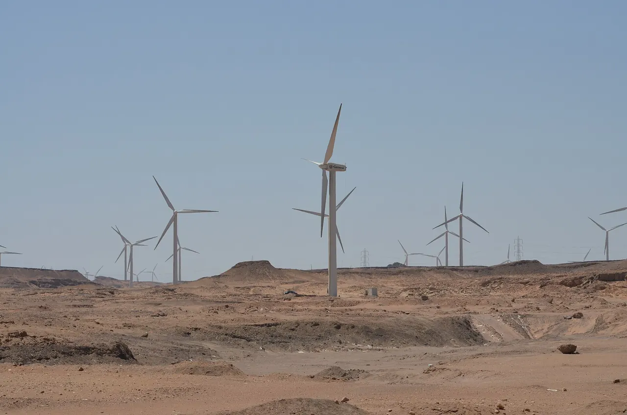 Wind turbines spread across rocky desert at Zafarana on the Red Sea coast