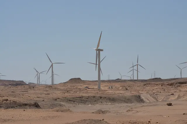 Wind turbines spread across rocky desert at Zafarana on the Red Sea coast